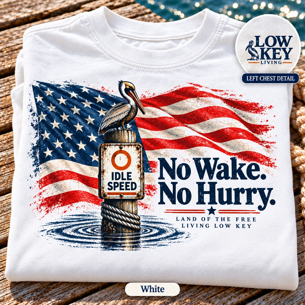 Patriotic No Wake. No Hurry. folded White cotton shirt