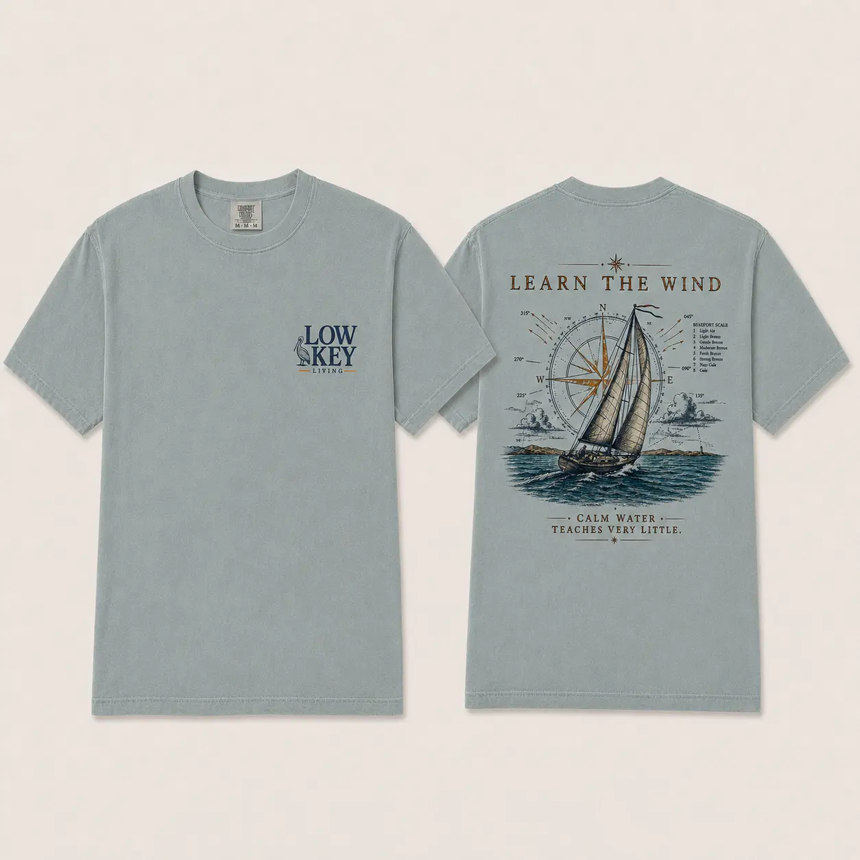 Learn the Wind Comfort Colors shirt in Bay shown from front and back