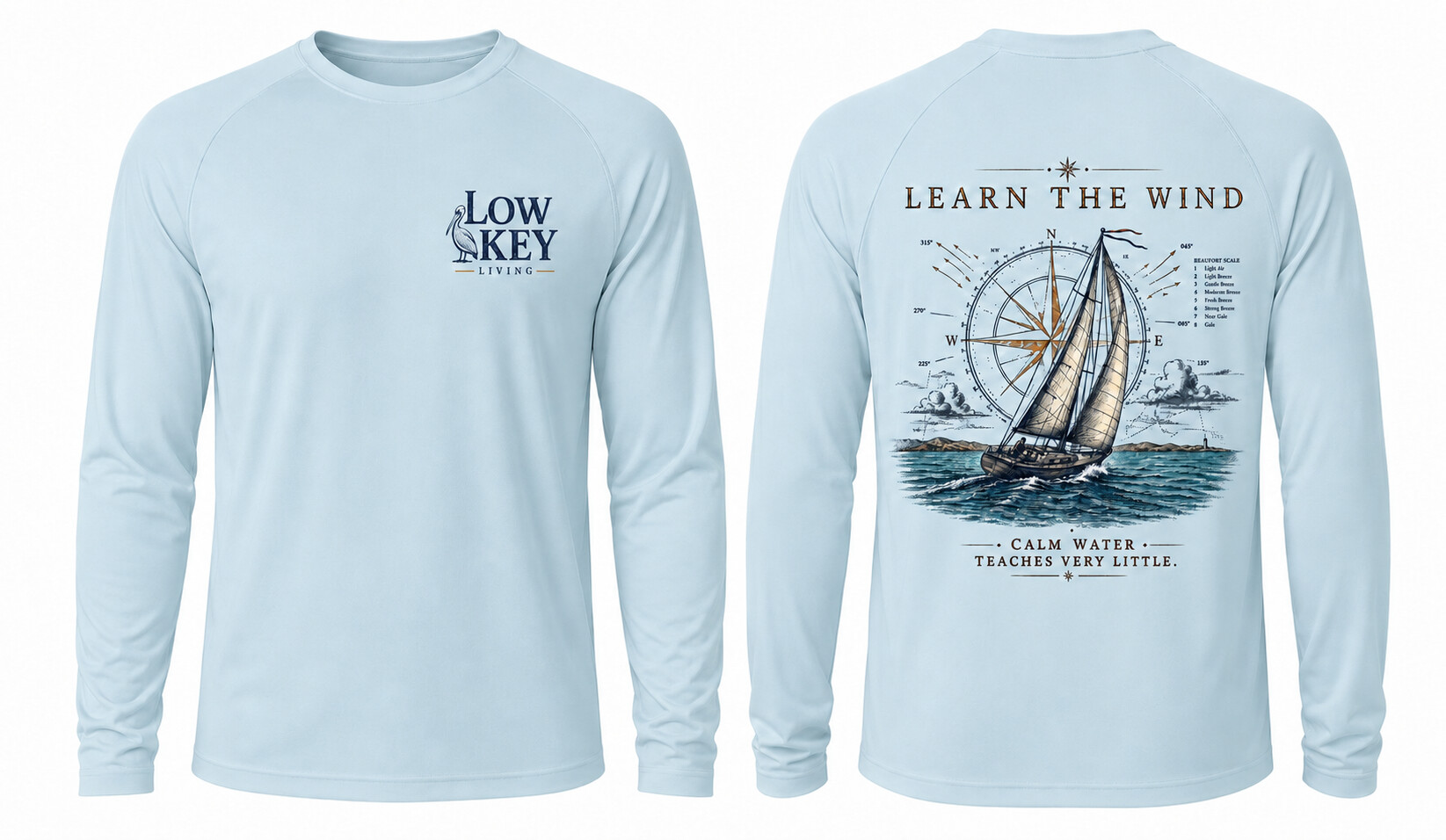 Learn the Wind long-sleeve performance shirt in Blue Mist shown from front and back