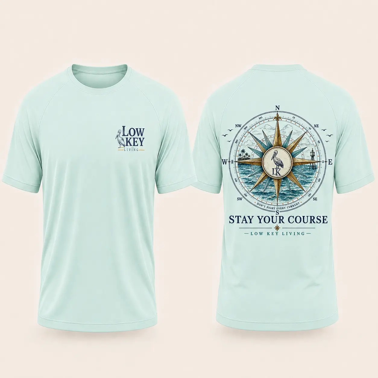 Stay Your Course short-sleeve performance shirt in Seafoam shown from front and back