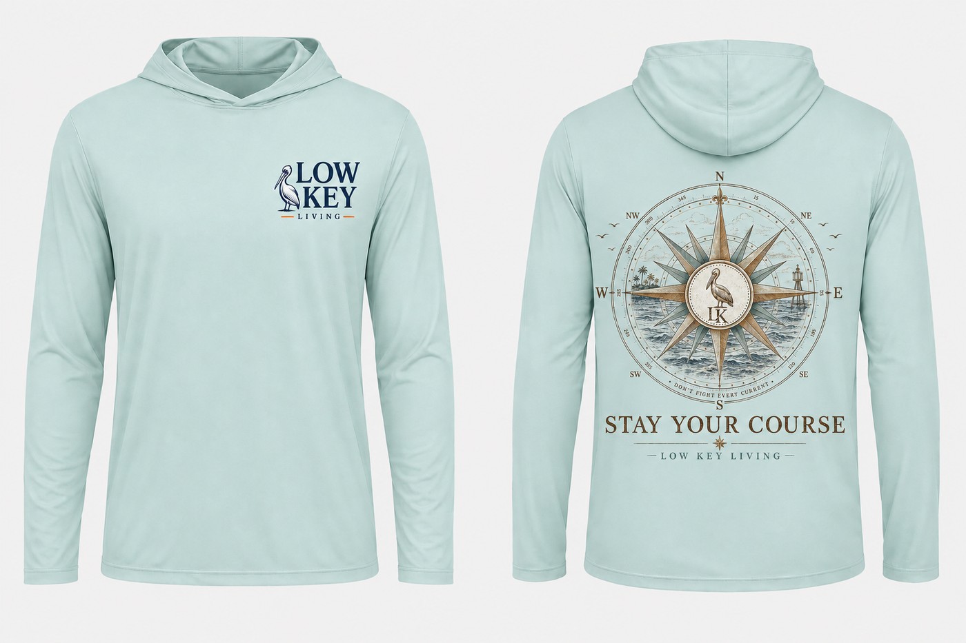 Stay Your Course hooded sun-protection shirt in Seafoam shown from front and back